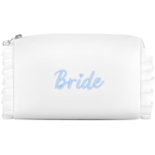 Etercycle Bride Cosmetic Bag, White Satin Bride To Be Makeup Bags Exquisite Embroidery Something Blue Bridal Shower Gifts,...