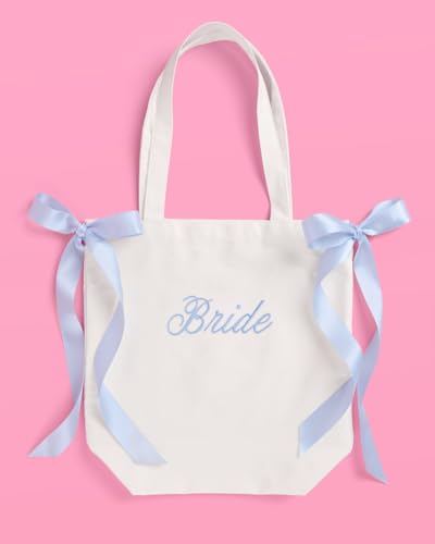 xo, Fetti White Bride Canvas Tote Bag, Blue Satin Bows | Bachelorette Party Decorations, Bride To Be Purse Accessory, Brid...