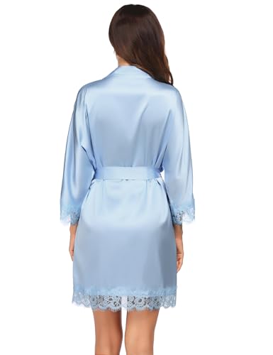 Ekouaer Womens Silk Robe Short Lace Trim Satin Robe 3/4 Sleeve Sexy Kimono Bride Bathrobe Comfy Sleepwear with Pockets