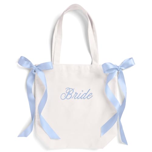 xo, Fetti White Bride Canvas Tote Bag, Blue Satin Bows | Bachelorette Party Decorations, Bride To Be Purse Accessory, Brid...