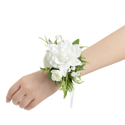 Ling's moment 6pcs Wedding Wrist Corsage Artificial Flowers, Girl/Mother Homecoming Prom Corsages Wristlet Décor, etc. Whi...