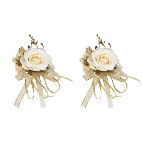 USIX 2pc Pack-Handmade Men's Lapel Pin Champagne Ivory Rose with Gold Leaves Ribbons Artificial Pearls Boutonniere Pin for...