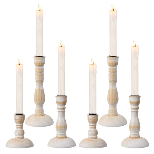 6PCS Candle Holders for Table Centerpiece, Wood Taper Candles Holder Vintage Stick Tapered Holders Rustic Wood Candle Hold...