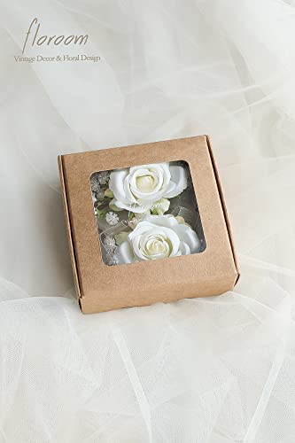 Floroom Ivory Rose Wrist Corsage Bracelet Wristlet Band and Men Boutonniere Set for White Wedding Flower Accessories Prom ...
