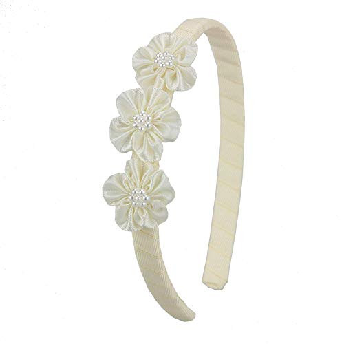 7Rainbows Boutique Triple Satin Flowers with 7 Faux Pearls Ivory Headbands for Girls Toddlers Teens and Even Adults.