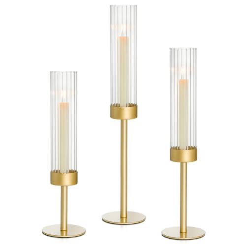 Turvono Gold Hurricane Candle Holders Set of 3, Brass Taper Candle Holders for Candlesticks, Elegant Tall Candle Sticks Ho...