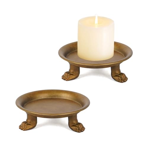 NIKKY HOME Gold Decorative Iron Plate Candle Holders Set of 2, Vintage Pillar Candlestick Stand Base Tray for LED & Wax Ca...