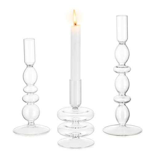 Glasseam Glass Candle Stick Holder: Clear Taper Candle Holders Set of 3, Modern Candlestick Holders for Taper Candles, Dec...