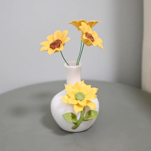 zingeous Sunflowers Set Handcraft Porcelain 3D Ceramic Sunflower, Artificial Eternal Flower Decoration with Ceramic Vase f...