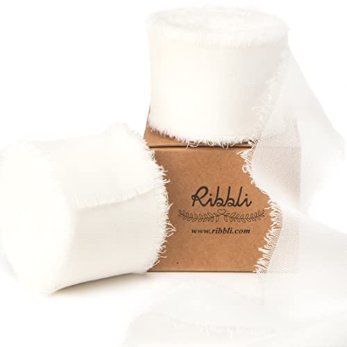 Ribbli White Chiffon Ribbon 1-1/2 inch x 20 Yard Handmade Fringe Chiffon Silk Ribbon, White Ribbon for Wedding Invitation...