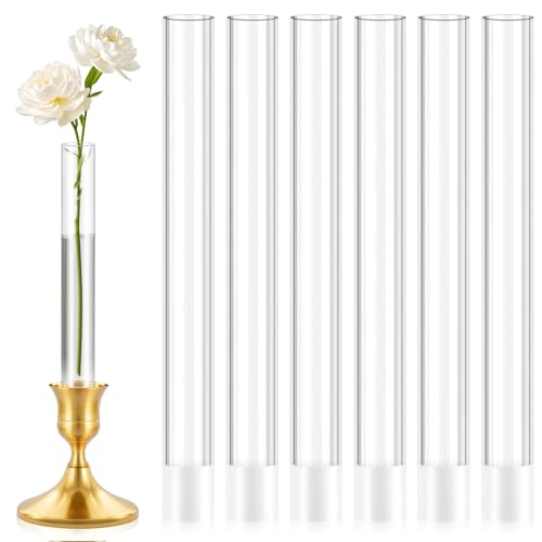 6 Pack 7.9” Acrylic Bud Vase — Cylinder Bud Vase for Taper Candlesticks, Flower Vase with Silicon Rubber Case Fits Candles...