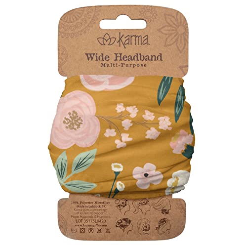 Karma Mustard Floral Headband for Women - Wide - Fabric Headband and Stretchy Hair Scarf - Yellow