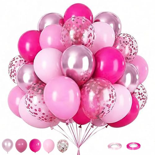 60 Pcs 12 Inch Party Balloons,Rose Red and Glitter Pink Latex Balloons with Ribbon,Festival Party Balloons,Birthday Party,...