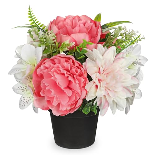 GnFlus Hot Pink Artificial Flowers Small Fake Flowers in Vase Peonies Dahlia Tiger Lily Potted Silk Flower Arrangements Fa...
