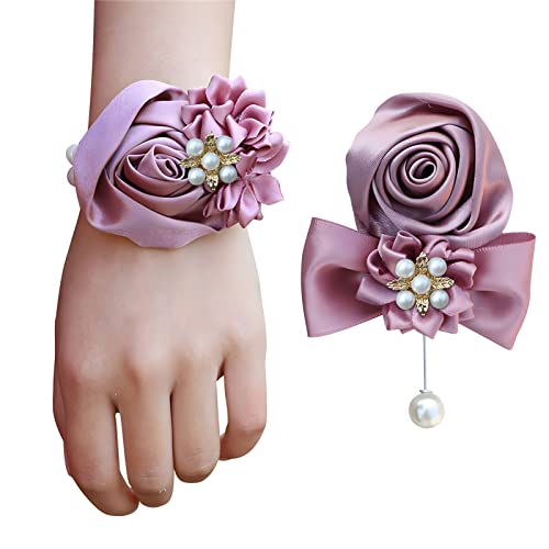 Satin Rose Wrist Corsage & Boutonniere Flower Set for Wedding Bride Bridesmaid Groom Groomsmen Parents Suit Lapel Pin Butt...