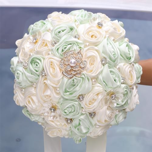 TUAGYMKR Handmade Rhinestone Brooch Satin Bridal Bouquet,7.5inch Crystal Wedding Round Tossing Bouquet,Artificial Flower B...