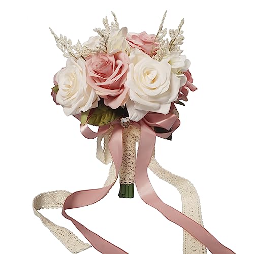 LEIFENY Wedding Bouquets for Bride, Champagne White & Pink Bridal Bridesmaid Wedding Flowers, Artificial Toss Rose for Civ...