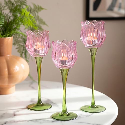 Honeydak 3 Pcs Tulip Flower Glass Candle Holders Romantic Flower Votive Candle Holders for Wedding Bridal Shower Tall Teal...