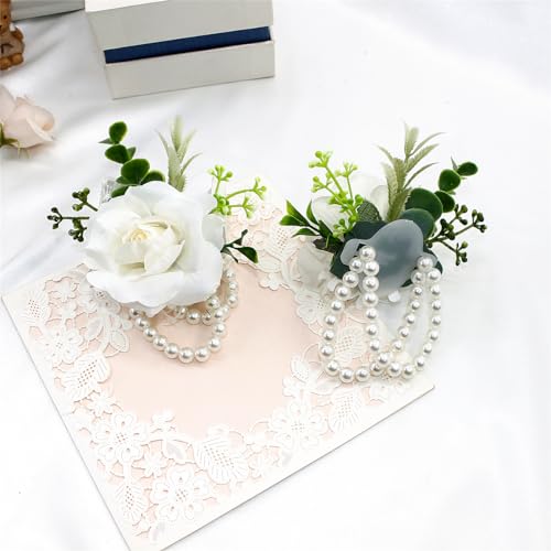 Meldel White Ivory Rose Wrist Corsage Boutonniere for Men Wedding Wrist Flower Corsage Hand Flower for Bride Bridesmaid Pr...