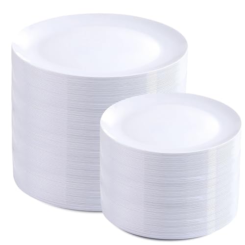 PULOTE 200 Pieces White Plastic Plates Disposable - Include 100PCS 10 inch Dinner & 100PCS 7 inch Dessert Plates, Ideal fo...