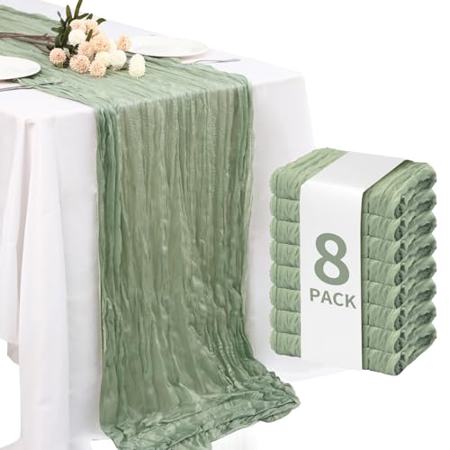 Fixwal 8 Pack Sage Green Cheesecloth Table Runners, 35x120 Inch Pleated Boho Gauze Table Runner, Long Semi-Transparent Tab...