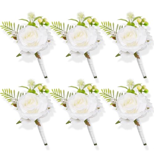 Flasunire 6-Pack White Silk Rose Boutonniere with Pearls for Groom and Groomsmen, Realistic Artificial Flower Lapel Pin fo...