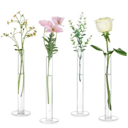 Glasseam Glass Bud Vase for Centerpieces, Small Flower Vases Set of 4Pcs Clear Single Rose Cylinder Centerpieces - 7.87" T...