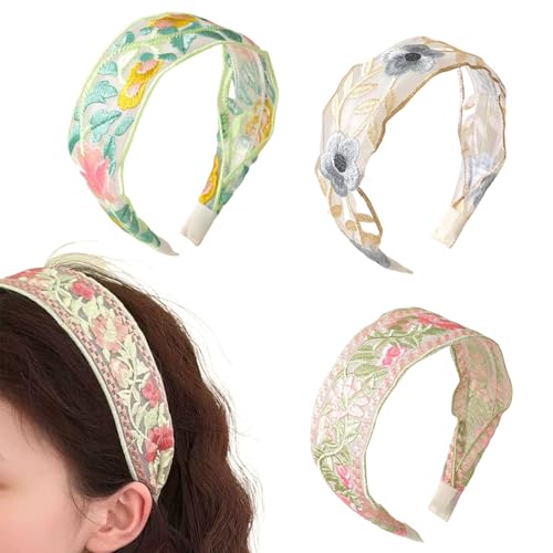 PKRFCJ Floral Headband for Women 3 PCS Embroidered Headband,Wide Boho Mesh Fabric Hair Bands,Comfortable and Non-slip Hair...