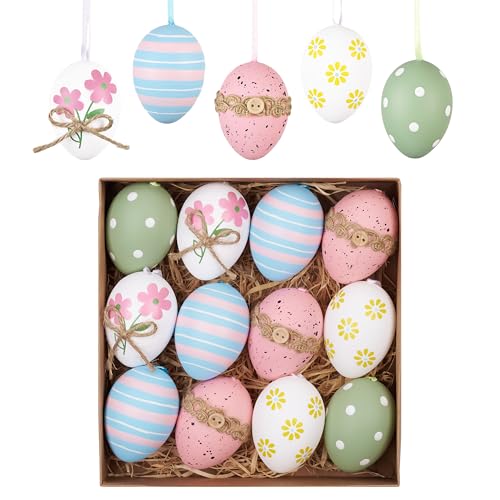 Valery Madelyn 12Pcs Plastic Easter Eggs Ornaments Tree Decoration, 2" Pastel Pink Blue Easter Eggs Bulk, Shatterproof Dec...