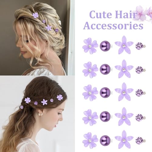 20 PCS Purple Flower Hair Clips for Women,Rhinestone Pearl Hair Barrettes Hairpins,Cute Small Hair Clips Purple Hair Acces...