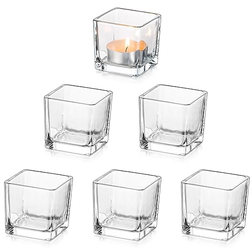 Glasseam Glass Votive Candle Holders: Set of 6 Clear Square Tealight Holder Small Tea Light Holders for Table Centerpiece ...