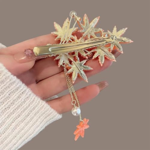 2Pcs Maple Leaf Hair Clip Thanksgiving Metal Orange Maple Leave Hairpins Vintage Pearl Tassel Fall Headpieces Hair Accesso...
