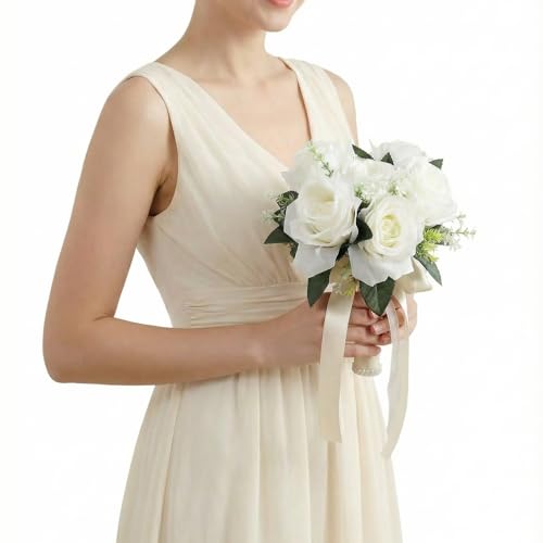 Horoper Wedding Bouquets for Bride, White Champagne Artificial Roses Flowers Artificial Bridal Bouquet, Peonies Artificial...