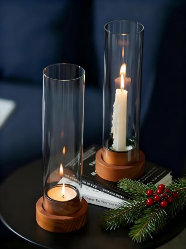 NUPTIO Dripless Taper Candle Holders with Wax Catchers: Set of 2 Hurricane Glass Candlestick Holders with Metal Bobeches f...