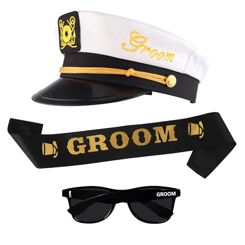 Bachelor Party Captain's Hat, Glasses, Sash Set - Groom To Be Accessories Set Includes Captain's Hat Groom Sunglasses Groo...
