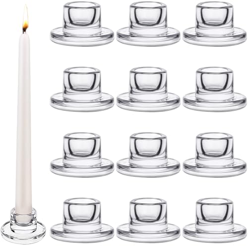 12 PCS Glass Taper Candle Holders Bulk Candlestick Holders Clear Short Tapered Candle Stick Holder Decor Set for Table Cen...