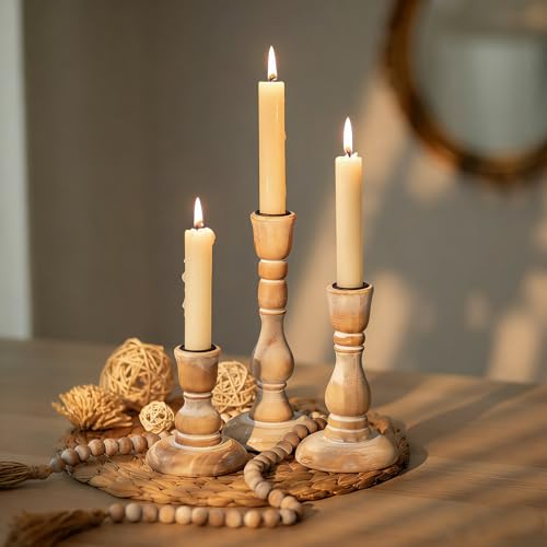 NUPTIO Taper Candle Holders Wood: Set of 3 Rustic Wooden Candlestick Holder - Vintage Candles Stick Candleholder for Fall ...