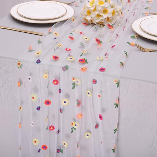 SAJOO 10ft White Embroidery Daisy Tulle Table Runner 120 Inch Floral Table Runners Summer Sheer for Kitchen Dining Easter ...