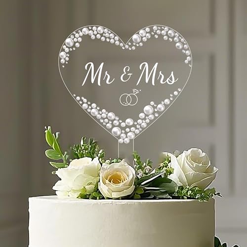 Coucoland Mr and Mrs Cake Topper - Heart Wedding Cake Decor with Rhinestones and Pearls for Engagement Bridal Anniversary