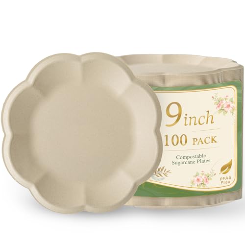 WELLIFE Dessert Plates 9 inch Paper Plates Disposable 100 Pack Scalloped Paper Plates Heavy Duty Compostable Bagasse Birth...