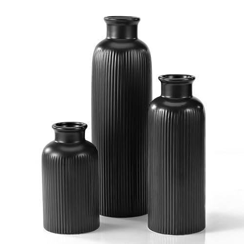 Small Black Ceramic Vase Set of 3, Boho Modern Black Flower Vase Room Decor, Farmhouse Decor, Vases for Your Kitchen, Bath...