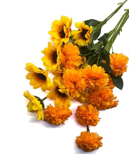 Aliotech 2 Bunches Yellow Sunflowers Artificial Flowers and 2 Bunches Artificial Marigold Flowers Chrysanthemum for Home D...