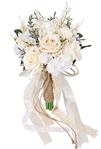 CEWOR Wedding Bouquets for Bride Bridesmaid, White Champagne Artificial Roses Flowers Wedding Decoration (7.5in)