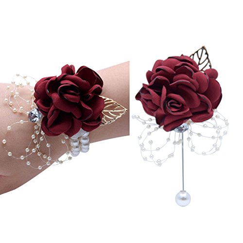 Florashop Grey Satin Rose Wrist Corsage & Boutonniere Wedding Bridal Bridesmaid Wrist Corsage Wristband and Men's Groom Br...