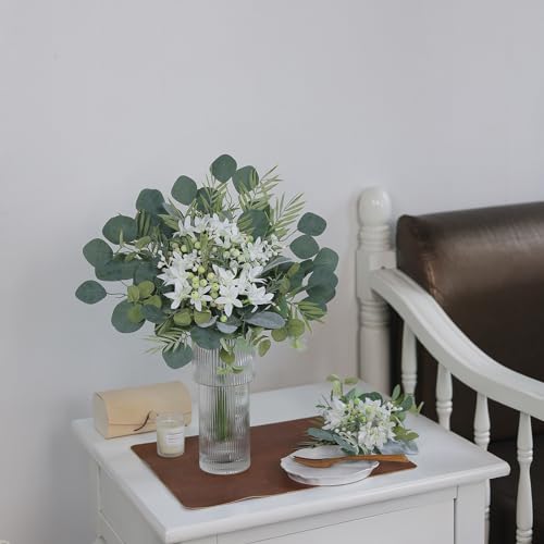 FOTEEWL 75 Pcs Artificial Greenery Stems Box Set,with 8 Kinds of Faux Plants and Fake Flowers for DIY Bridal Bouquets Wedd...