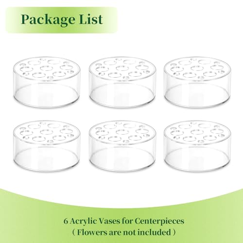 Hewory Acrylic Flower Vases for Centerpieces Round 6pcs Short Clear Floral Vase with 13 Holes, Box Arranger Bulk Low Base ...