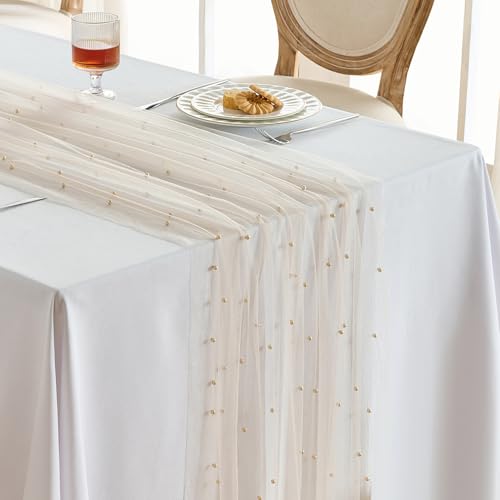 Fanami 6 Pack Pearl Table Runner -10FT Champagne Gold Boho Tulle Table Runners 120 Inches Long Rustic Sheer Lace Fabric Ce...