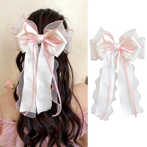 FRUZJAY Large Hair Bows Clips for Women Pink White Hair Bows Elegant Long Tail Bowknot Hairpins Spring Summer Hair Barrett...