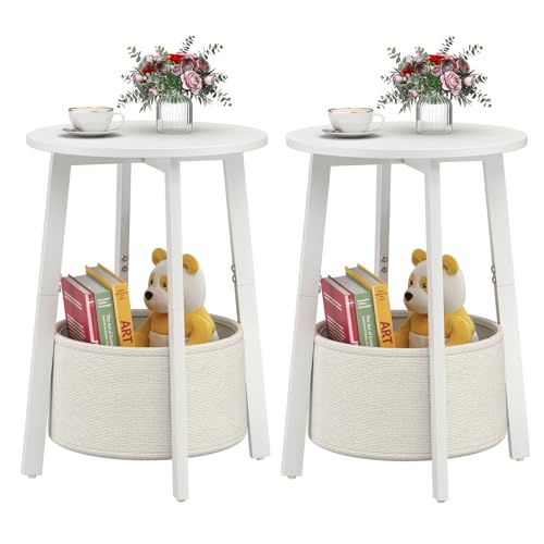 sthmec Small Round Side End Table Set of 2 with Cloth Storage Basket, Round Bedside Sofa Couch Coffee Tables for Small Pla...