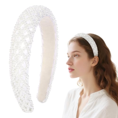 Rhoxshy White Pearl Wide Headband for Women Cute White Headband with Pearls Elegant Pearl Hairband Non Slip Pearls Hair Ac...